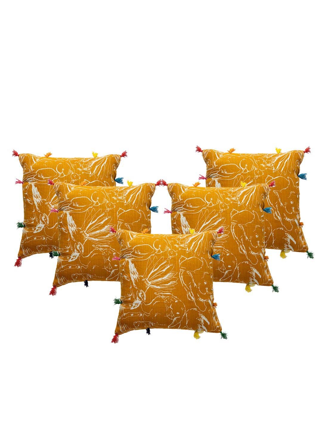 

Contrast Living Orange & Cream-Coloured 5 Pieces Printed Linen Square Cushion Covers