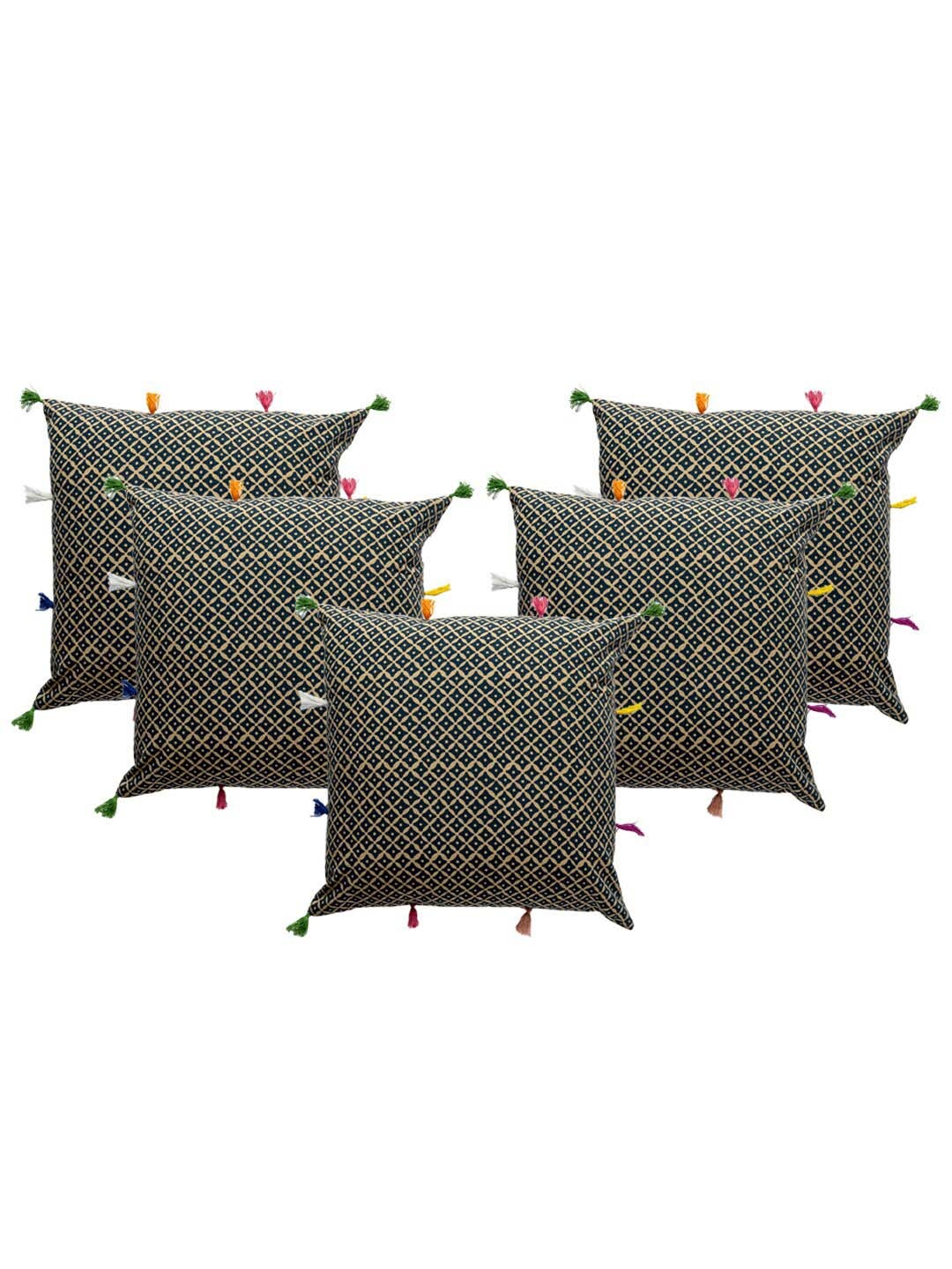 

Contrast Living Green & Beige 5 Pieces Geometric Cotton Square Cushion Covers