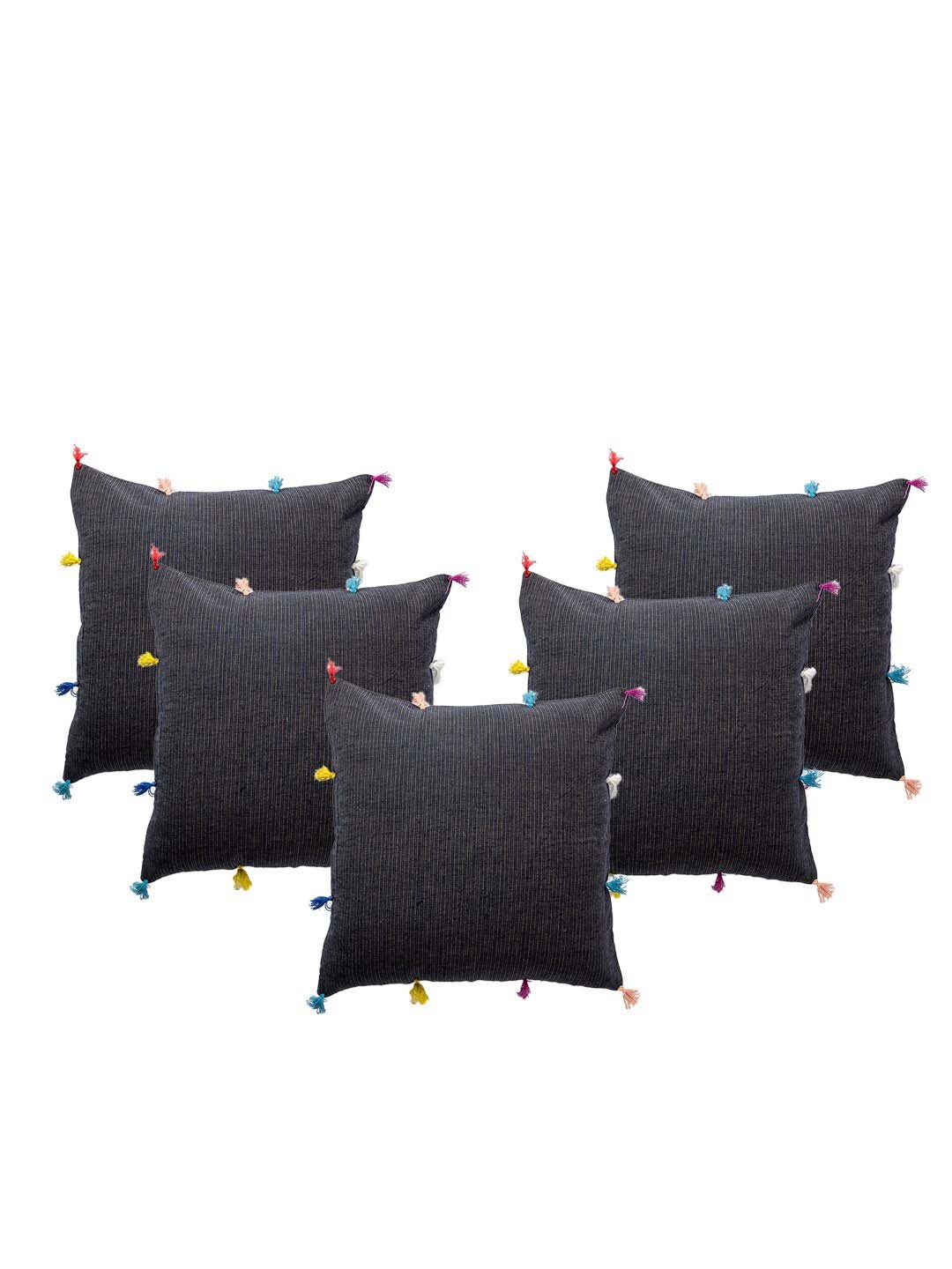 

Contrast Living Black & Yellow 5 Pieces Striped Cotton Square Cushion Covers