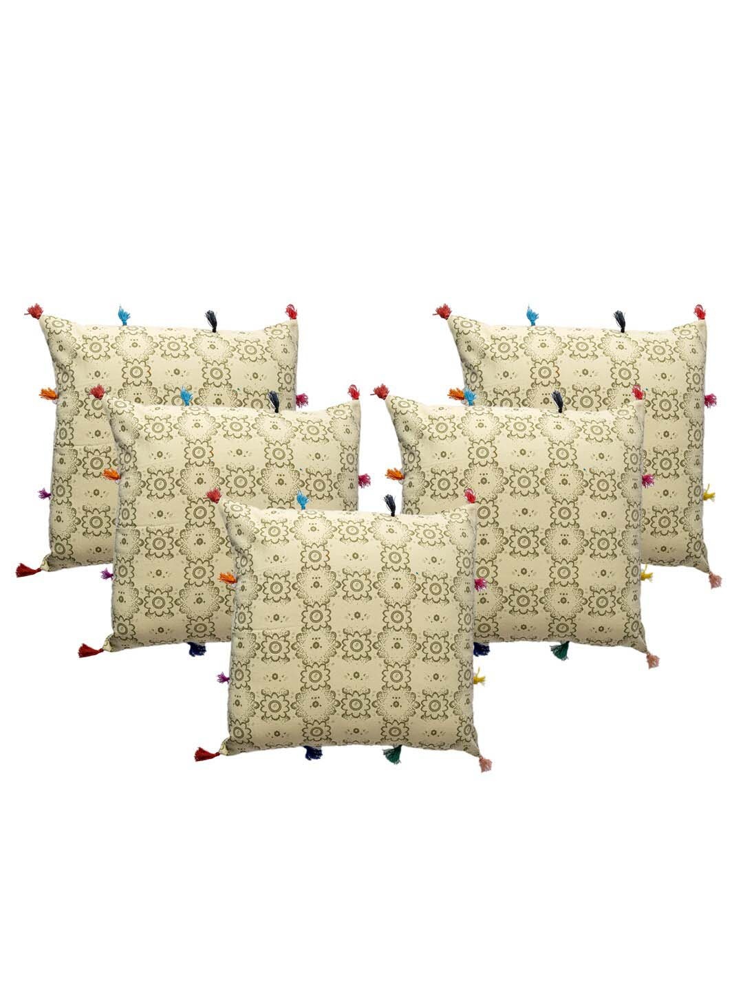 

Contrast Living Cream-Coloured & Green 5 Pieces Floral Cotton Square Cushion Covers