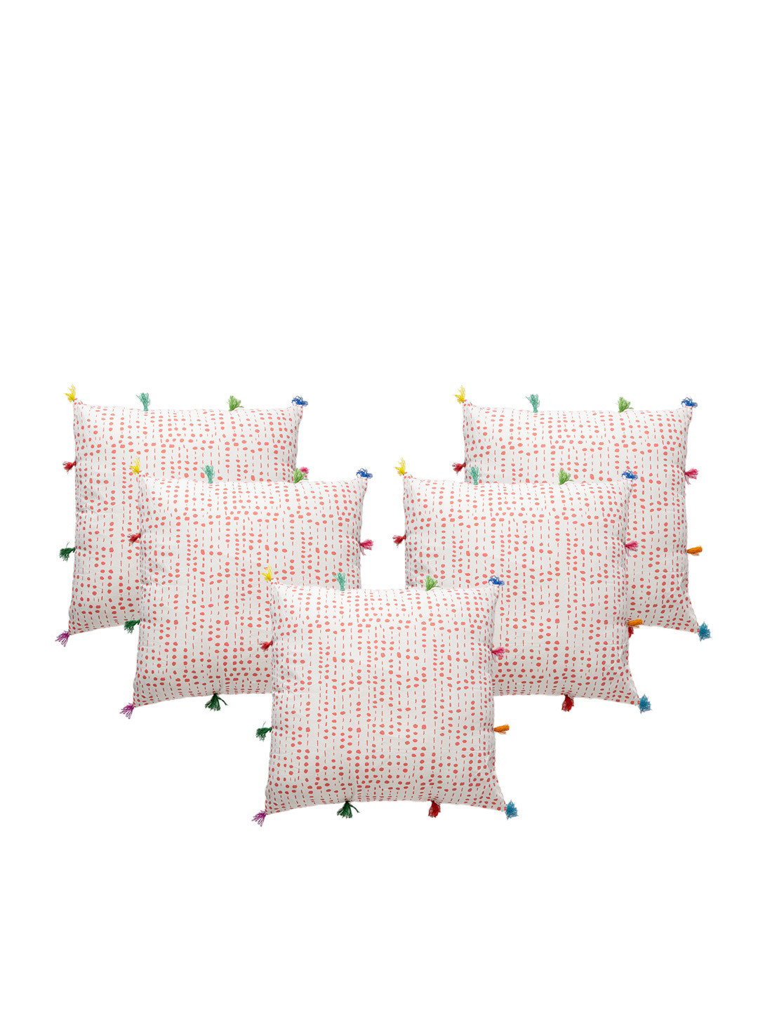

Contrast Living Peach-Coloured & White 5-Pieces Printed Cotton Square Cushion Covers