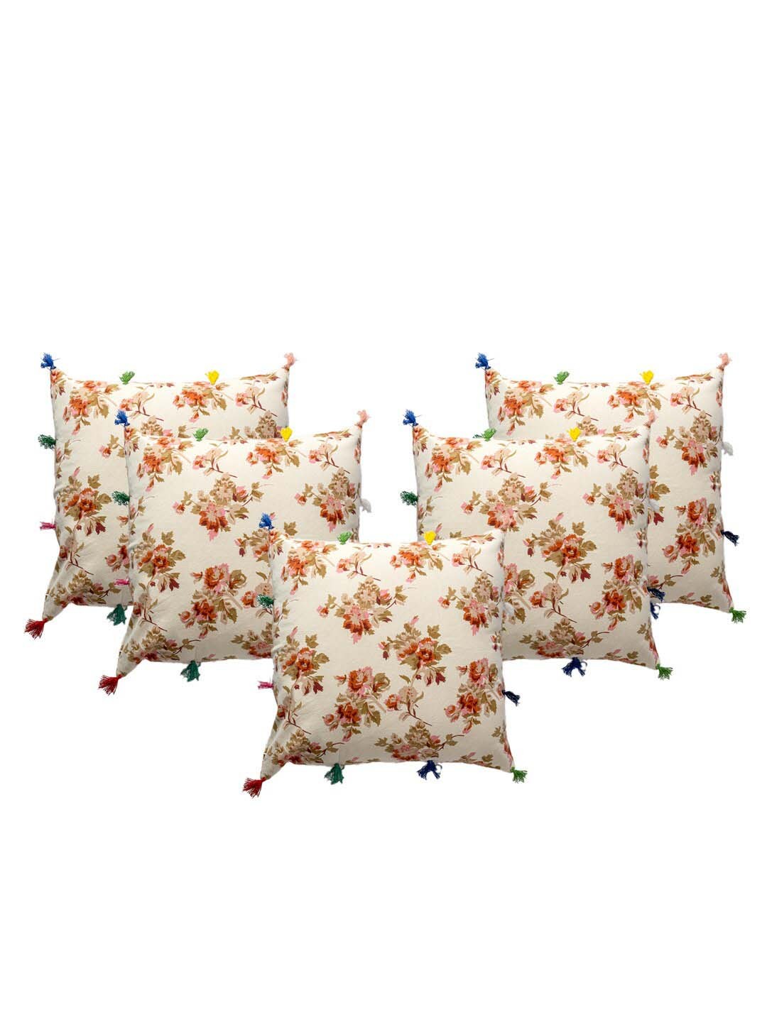 

Contrast Living Beige & Orange 5 Pieces Floral Printed Cotton Square Cushion Covers