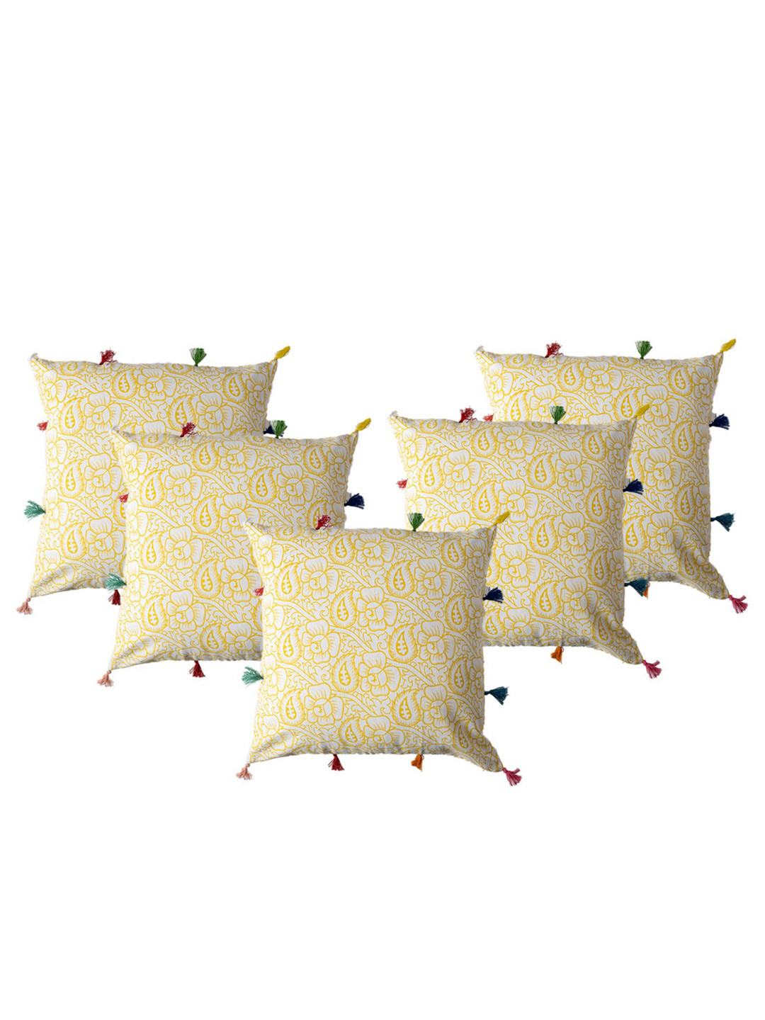 

Contrast Living Yellow & White 5-Pieces Printed Cotton Square Cushion Covers