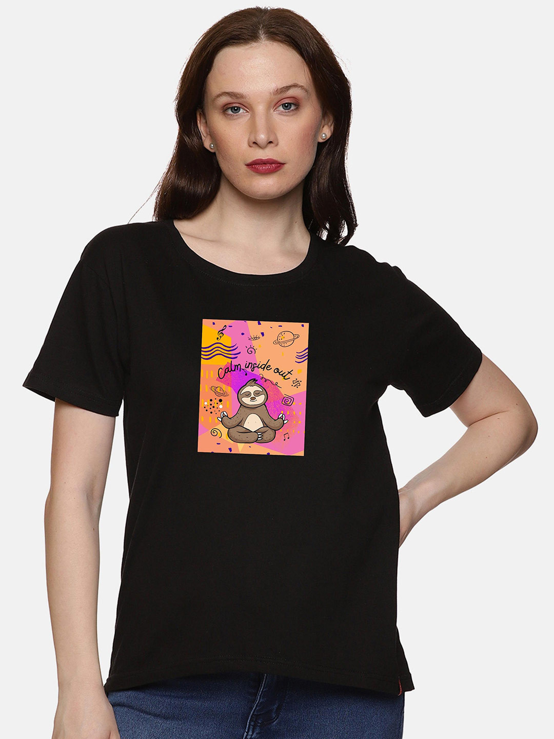 

NOT YET by us Graphic Printed Round Neck Cotton T-shirt, Black