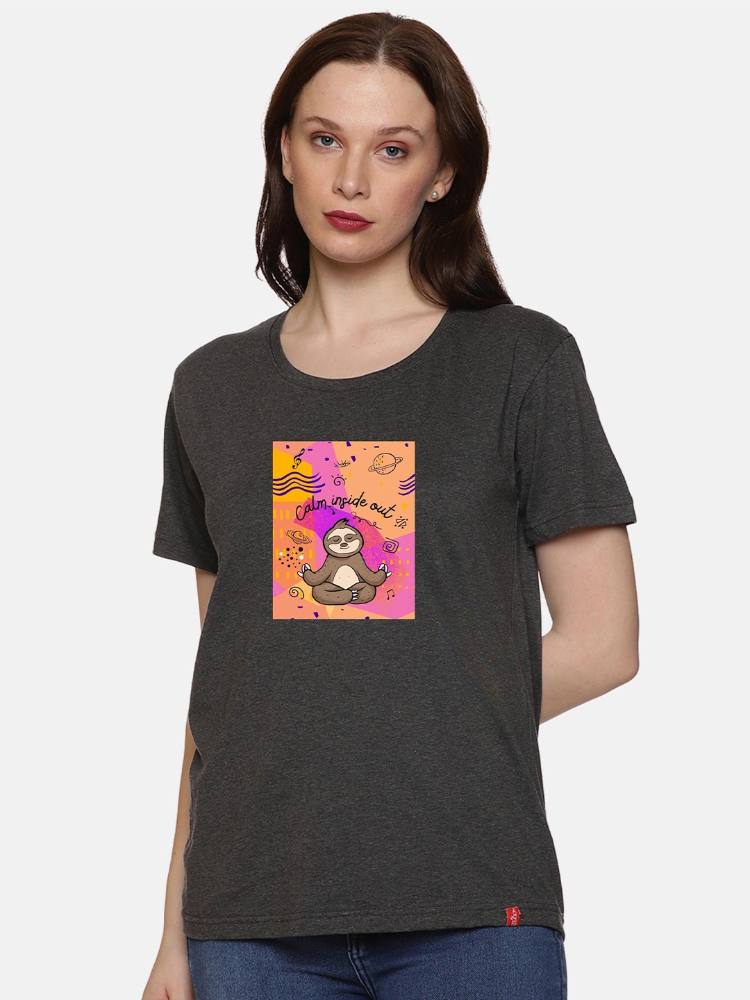 

NOT YET by us Graphic Printed Round Neck Cotton T-shirt, Grey