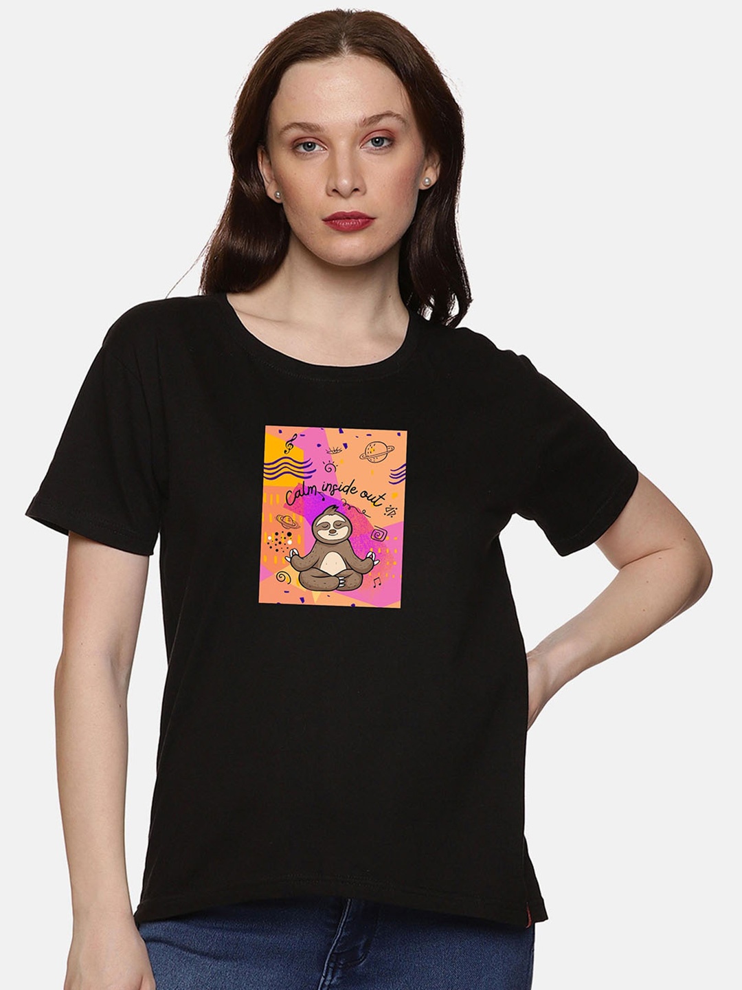

NOT YET by us Graphic Printed Round Neck Cotton T-shirt, Black