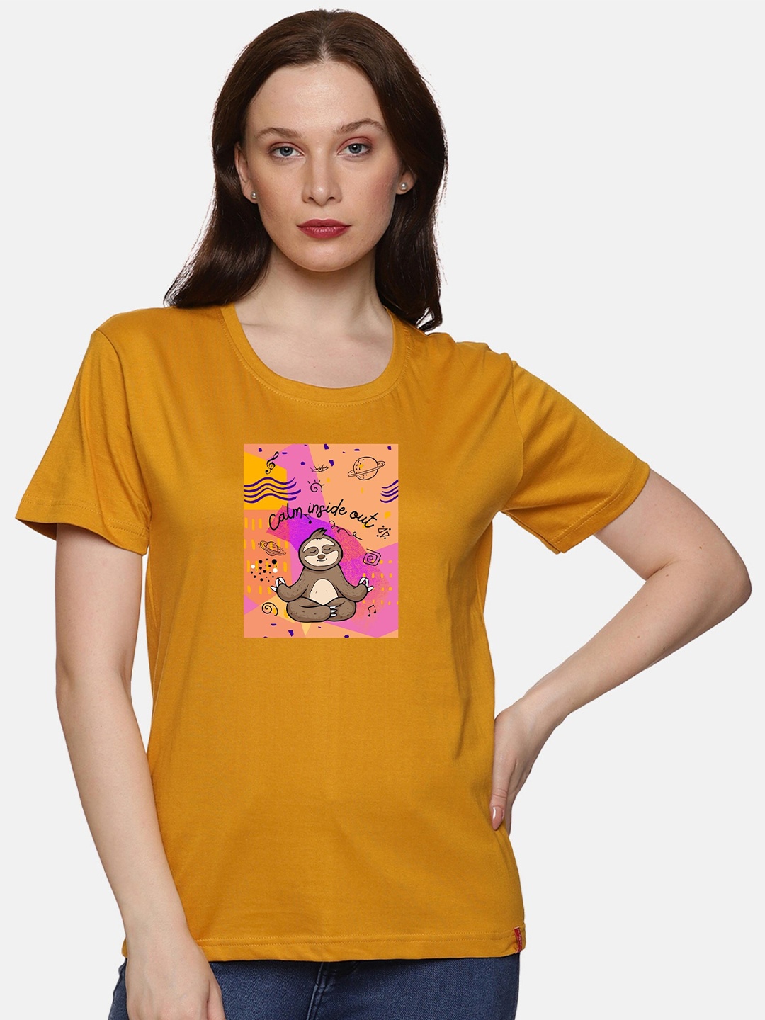 

NOT YET by us Graphic Printed Round Neck Cotton T-shirt, Mustard
