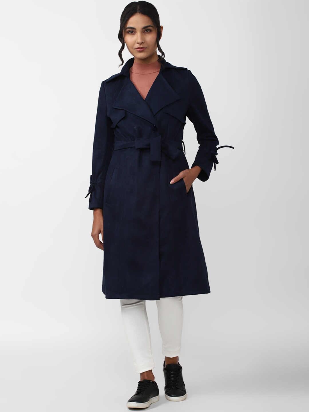 

FOREVER 21 Navy Blue Notched Lapel Longline Coat