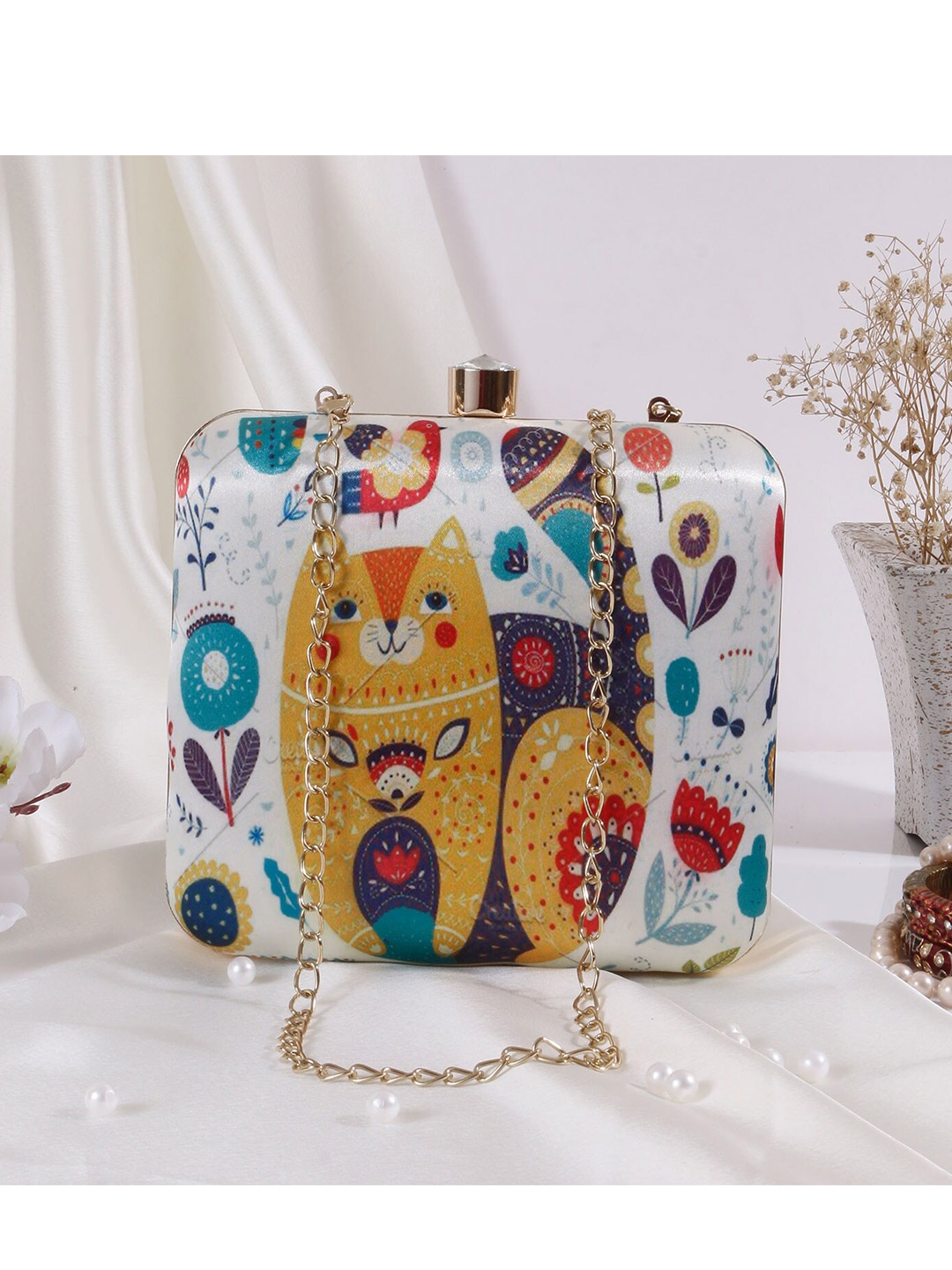 

Swisni Printed Box Clutch With Shoulder Strap, White