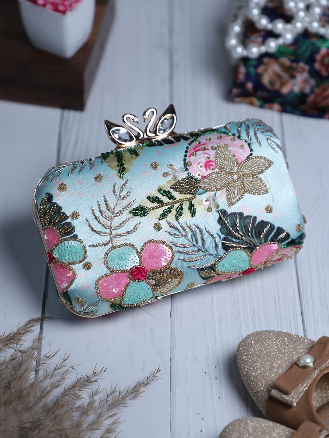 

Swisni Embellished Box Clutch, Blue