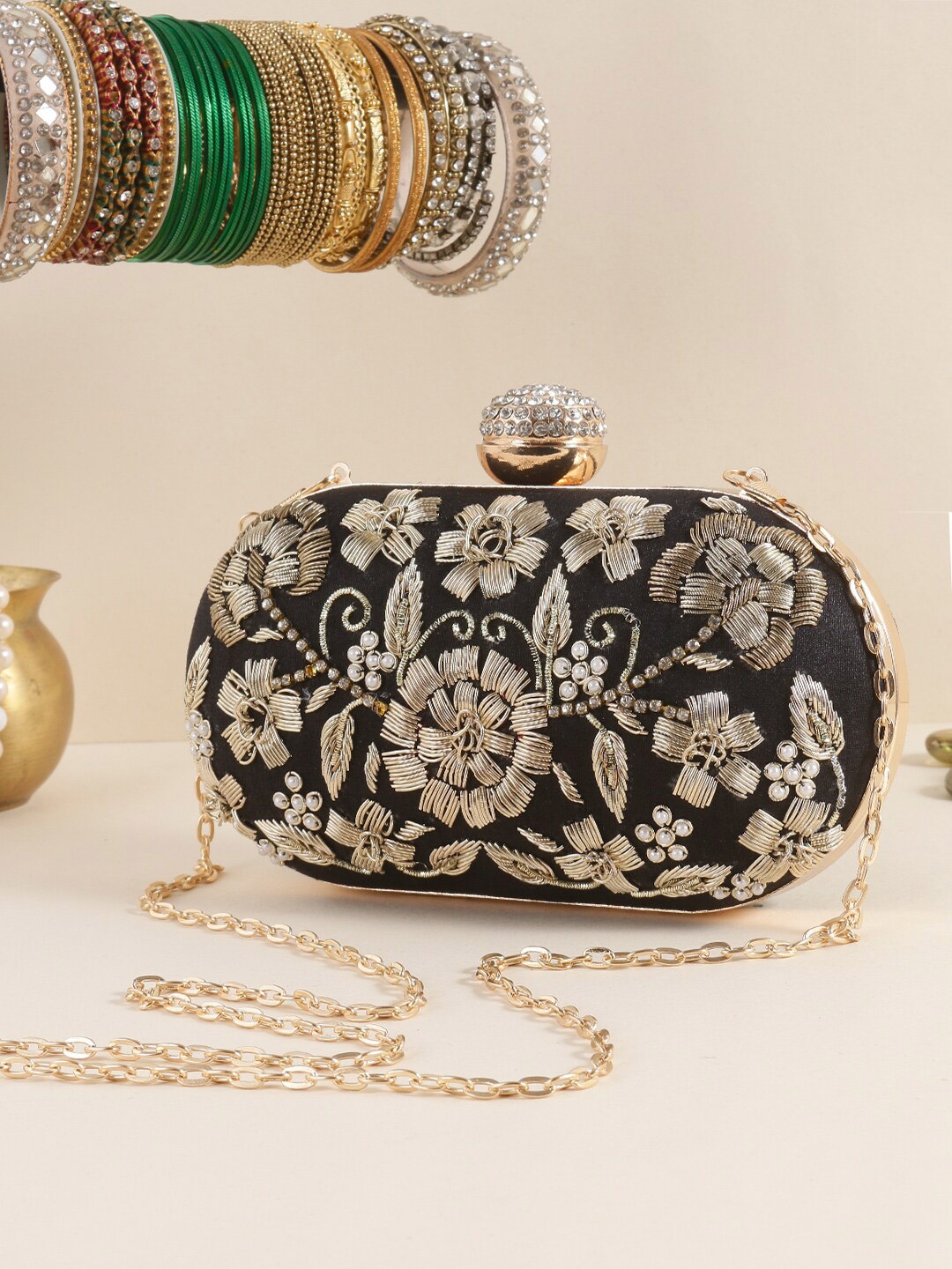 

Swisni Floral Embellished Box Clutch, Black