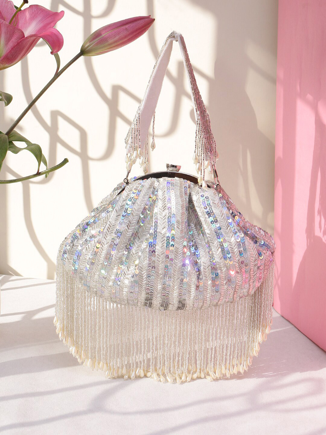 

Swisni Embellished Potli Clutch With Wrist Loop, Silver