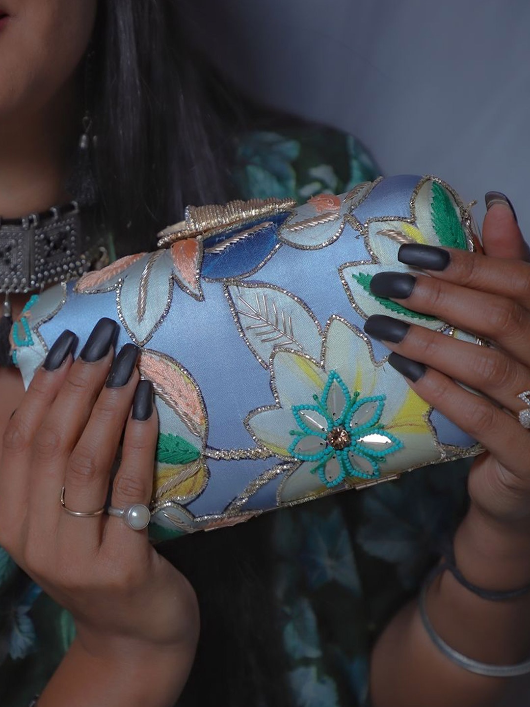 

Swisni Embellished Box Clutch, Blue