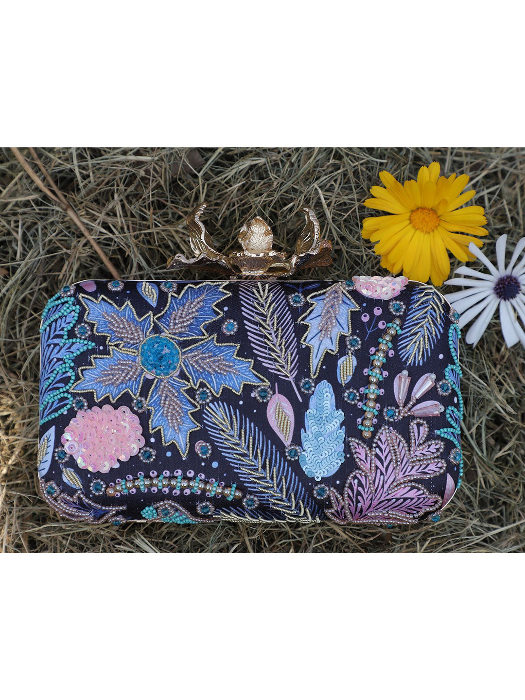 

Swisni Women Printed Embellished Box Clutch, Blue