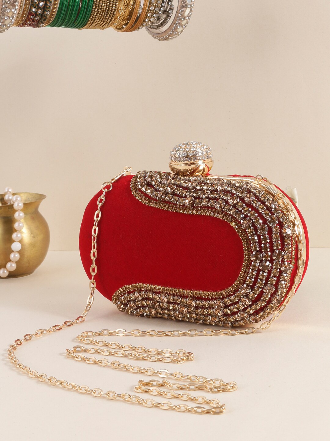 

Swisni Embellished Box Clutch, Red