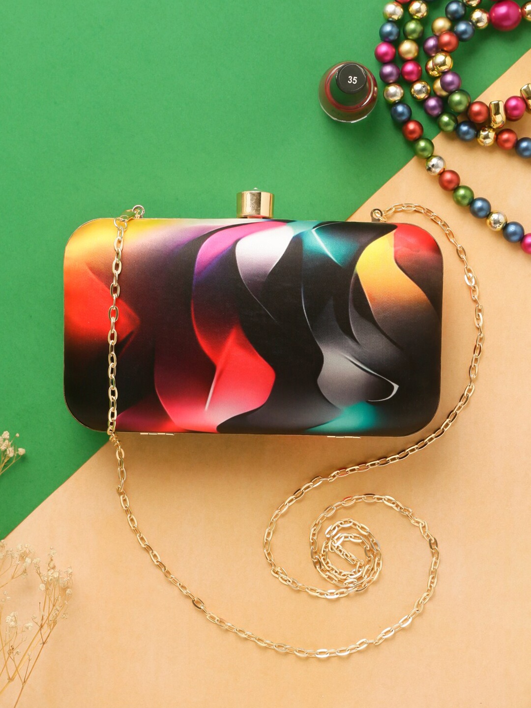 

Swisni Printed Box Clutch With Shoulder Strap, Black