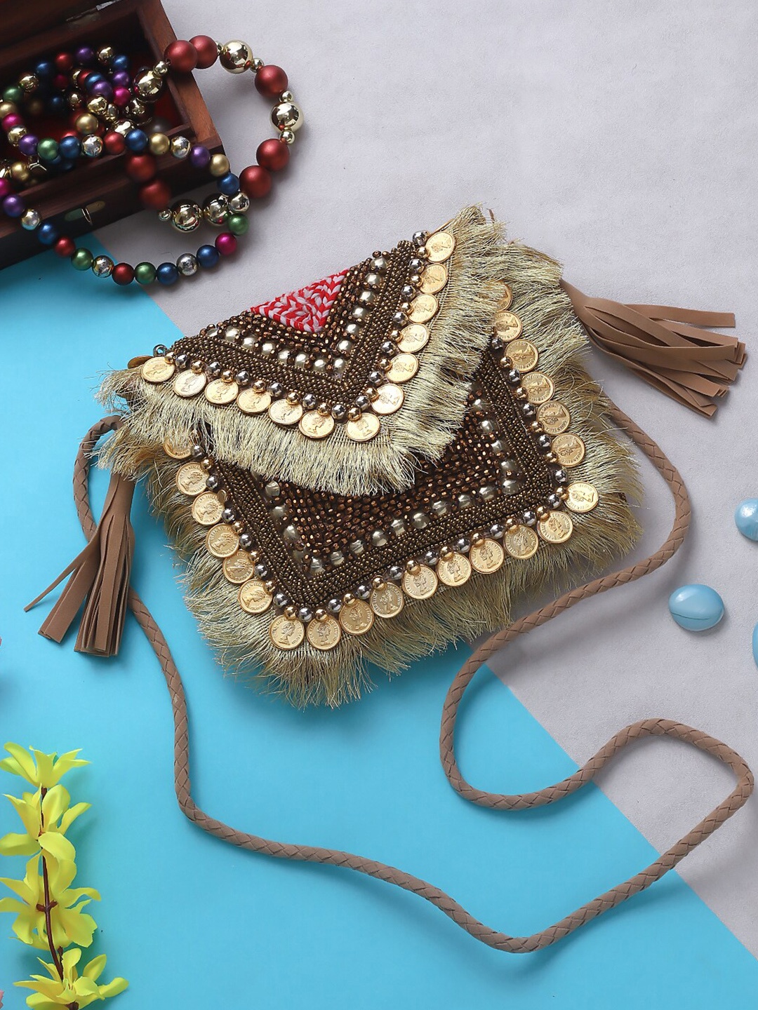 

Swisni Embellished Envelope Clutch With Sling Strap, Gold