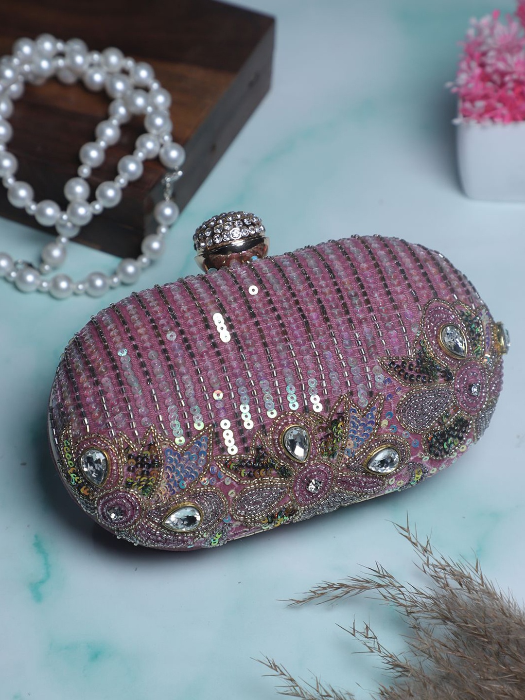 

Swisni Embellished Box Clutch, Pink