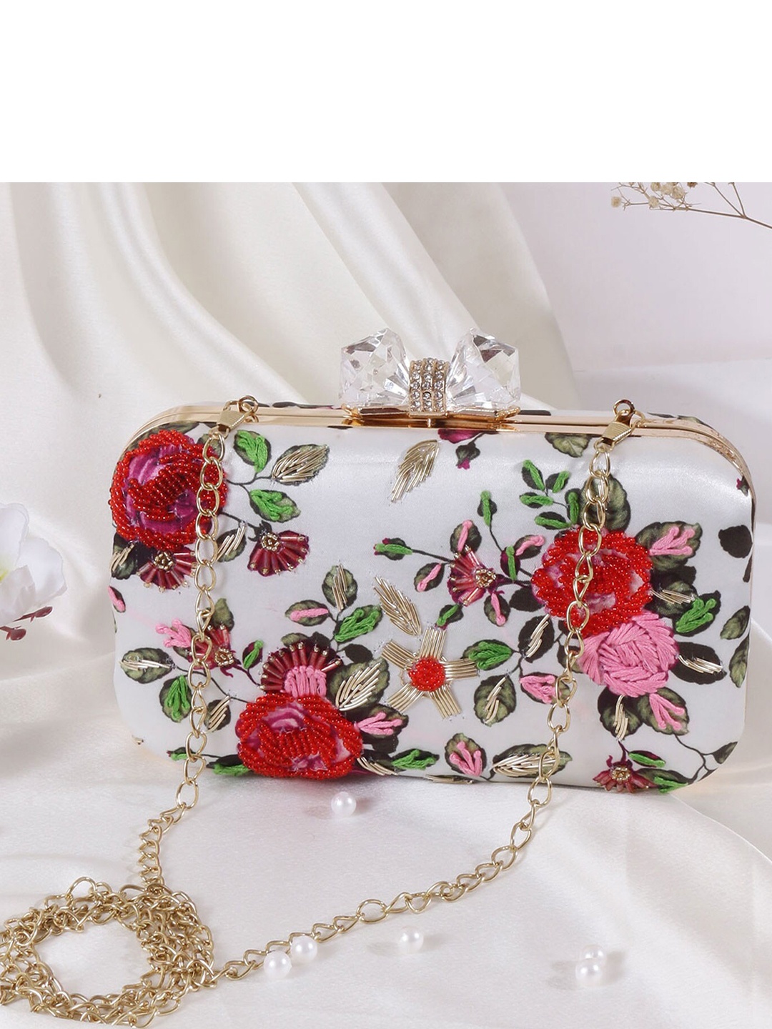 

Swisni Printed Box Clutch With Shoulder Strap, White