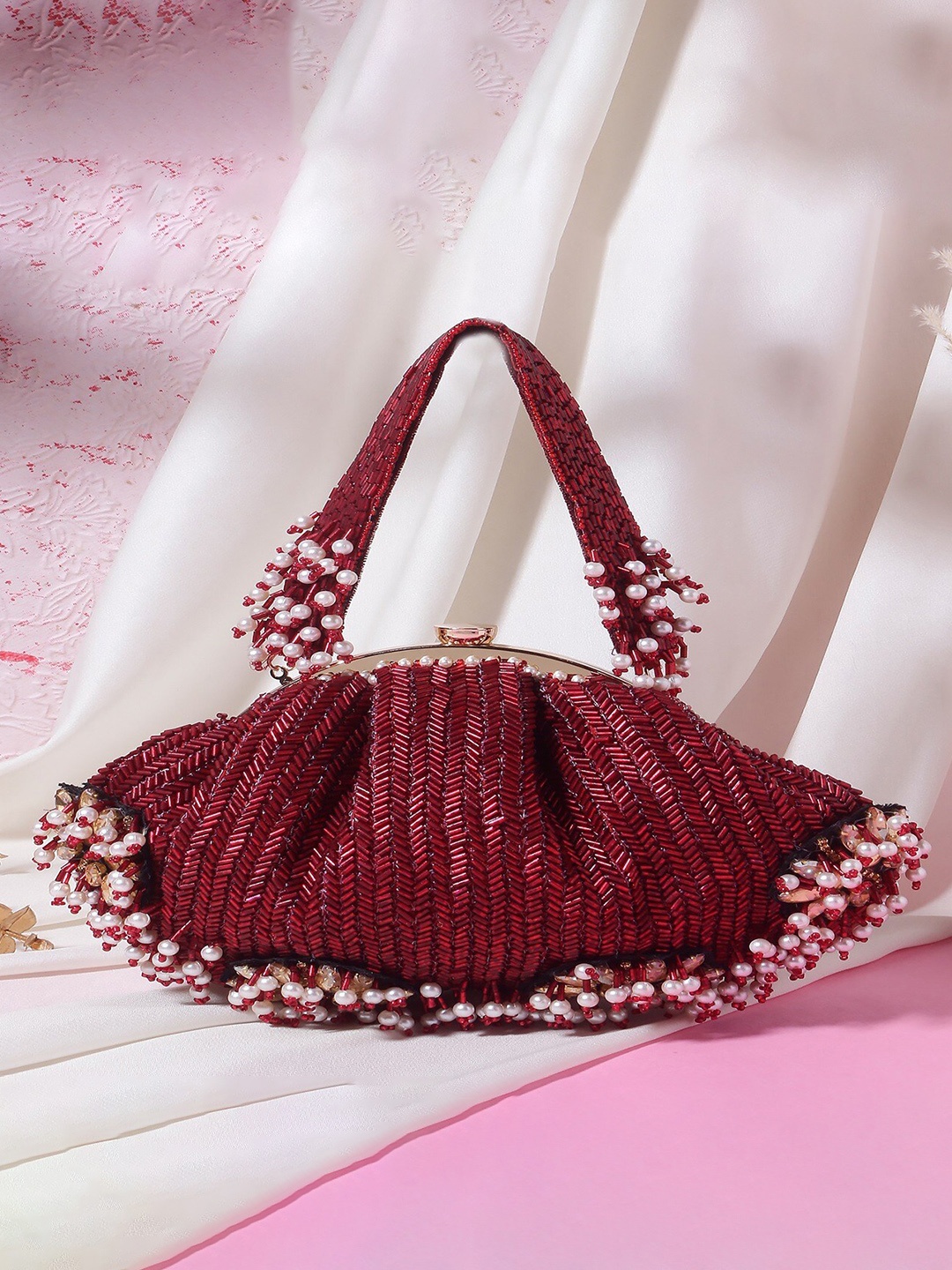 

Swisni Embellished Potli Clutch With Wrist Loop, Maroon