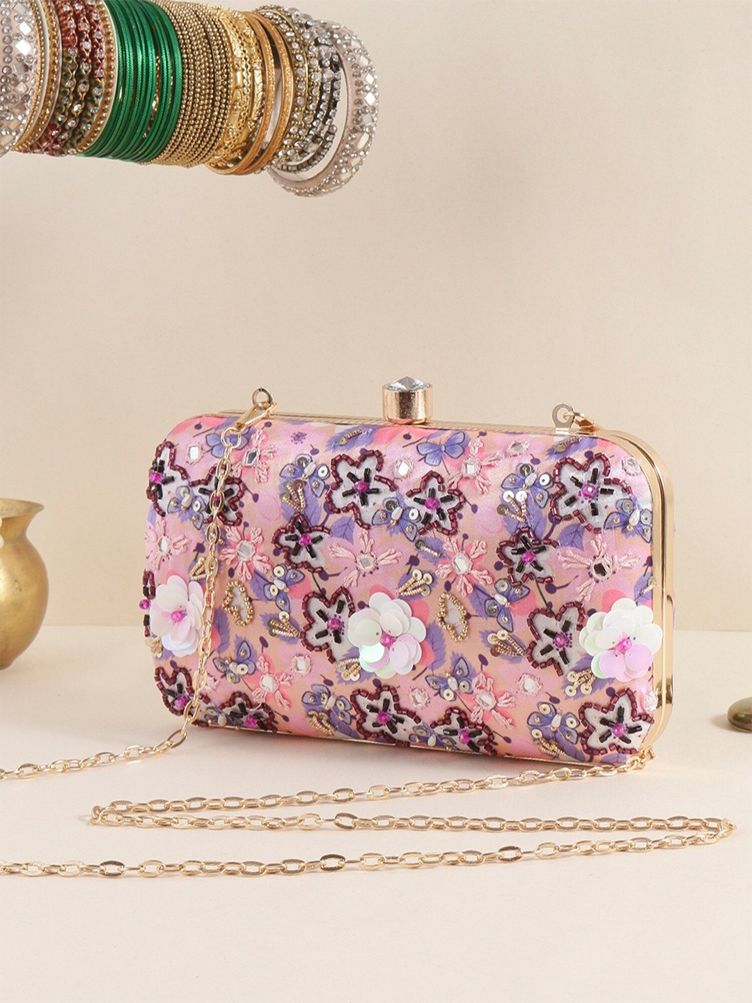 

Swisni Women Embellished Fabric Box Clutch, Pink