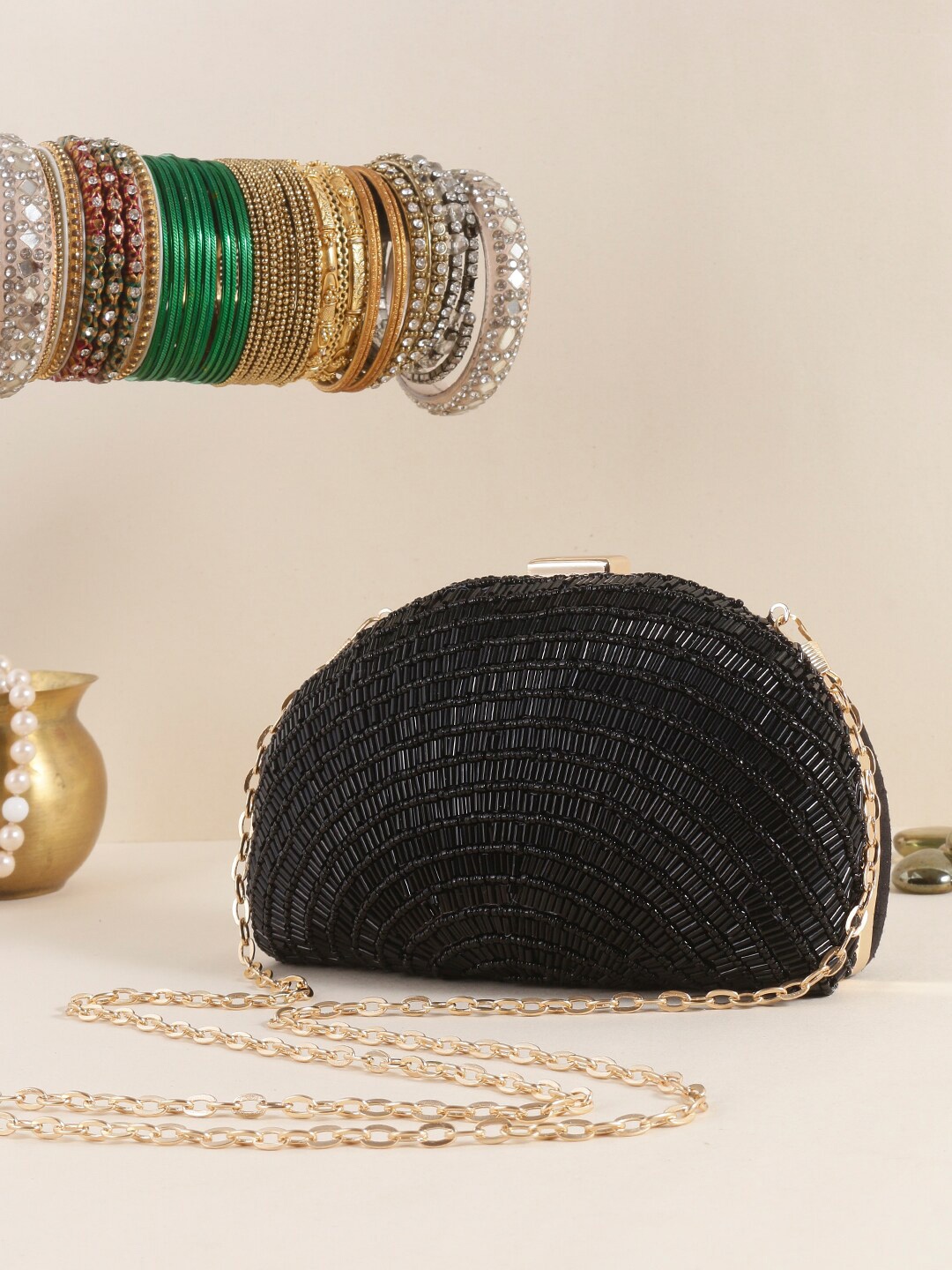 

Swisni Embellished Half Moon Clutch, Black