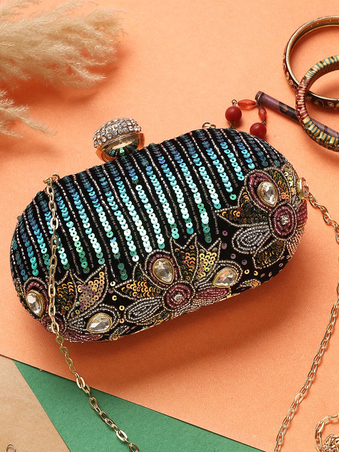 

Swisni Women Embellished Fabric Box Clutch, Blue