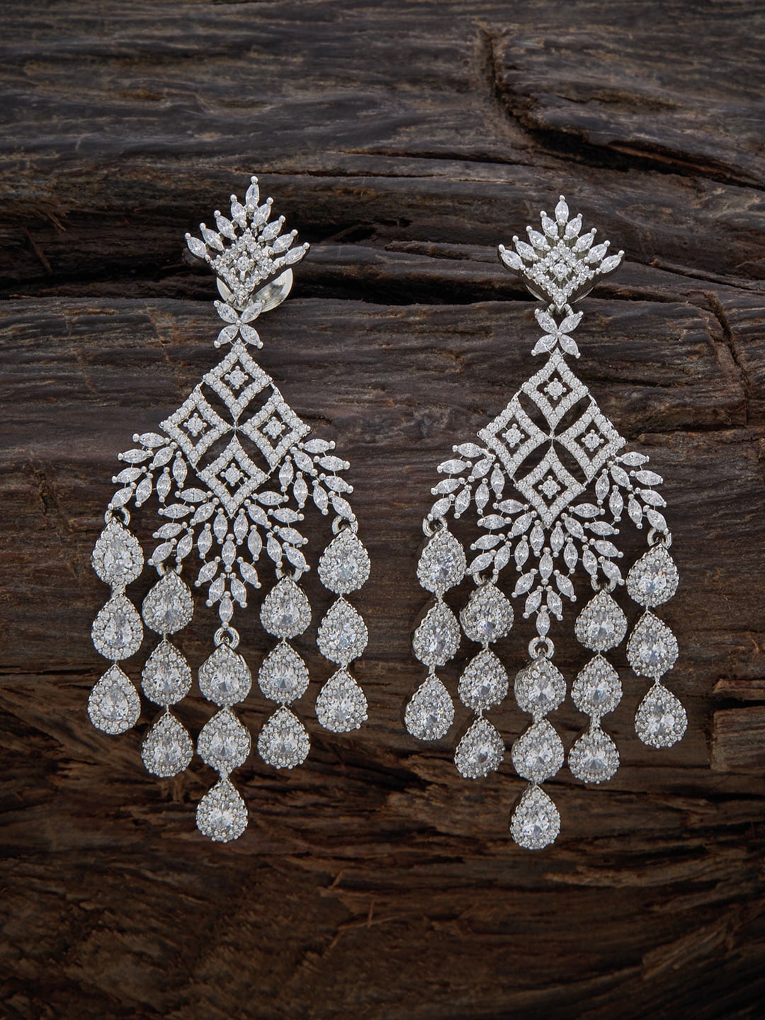 

Kushal's Fashion Jewellery Rhodium Plated Contemporary CZ Studded Drop Earrings, Silver