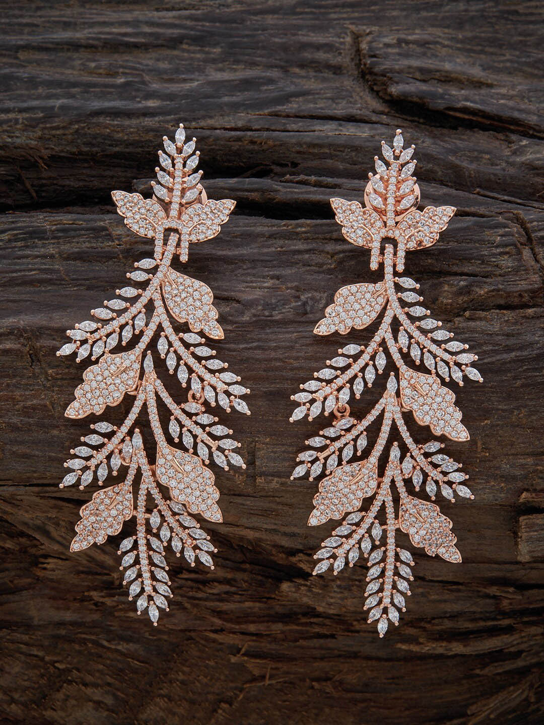 

Kushal's Fashion Jewellery Rose Gold Plated Leaf Shaped Cubic Zirconia Drop Earrings