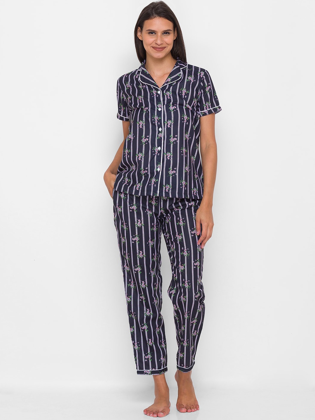 

FashionRack Floral Printed Pure Cotton Night Suit, Black