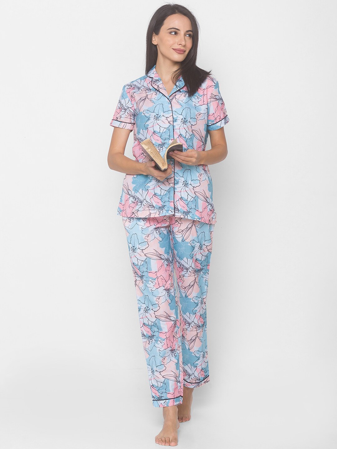 

FashionRack Floral Printed Pure Cotton Night Suit, Blue