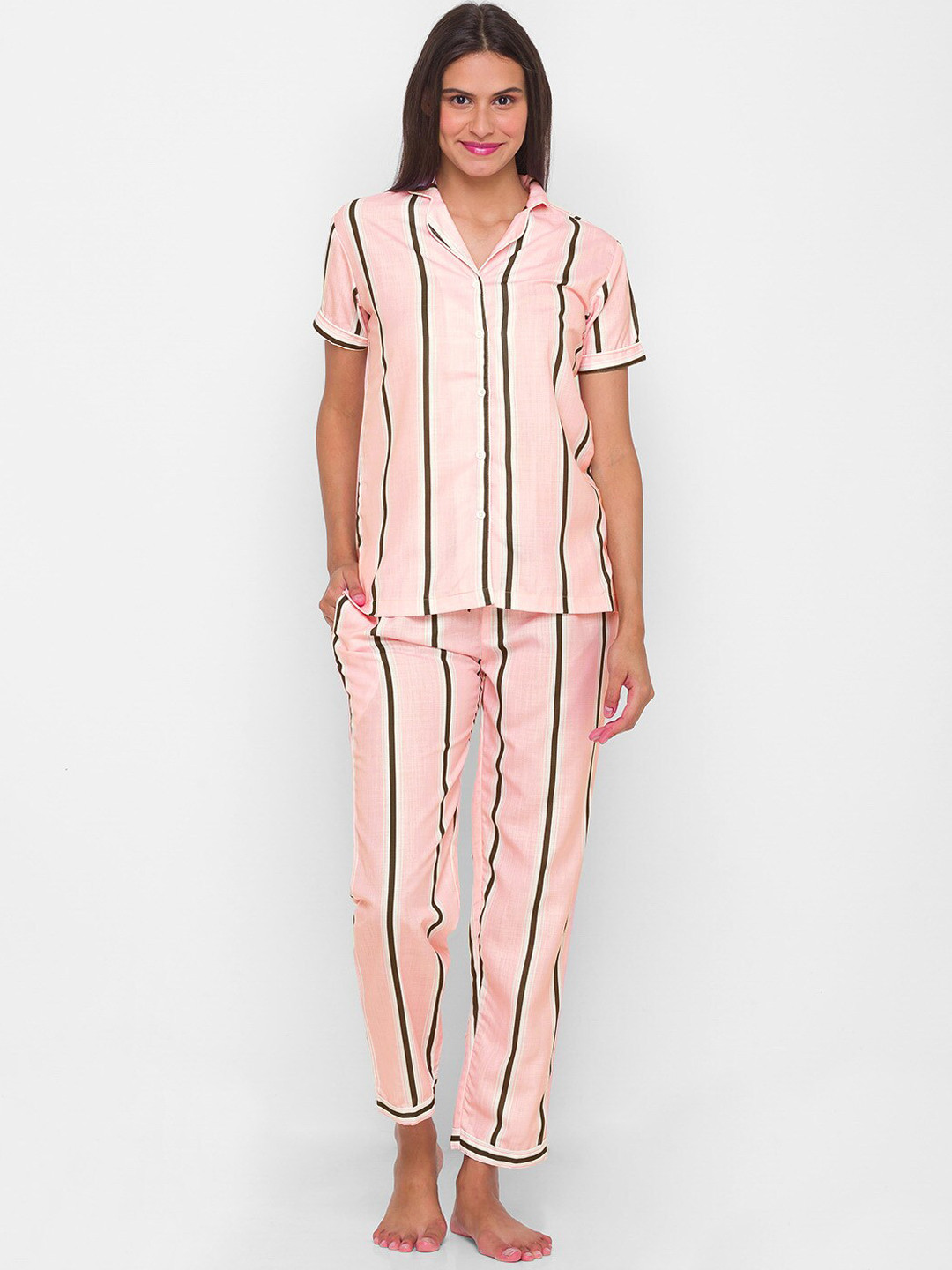 

FashionRack Striped Pure Cotton Night Suit, Pink