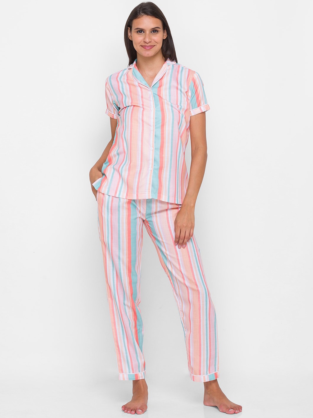 

FashionRack Striped Pure Cotton Night Suit, Peach