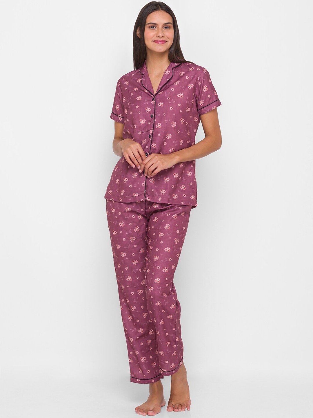 

FashionRack Floral Printed Pure Cotton Night Suit, Purple