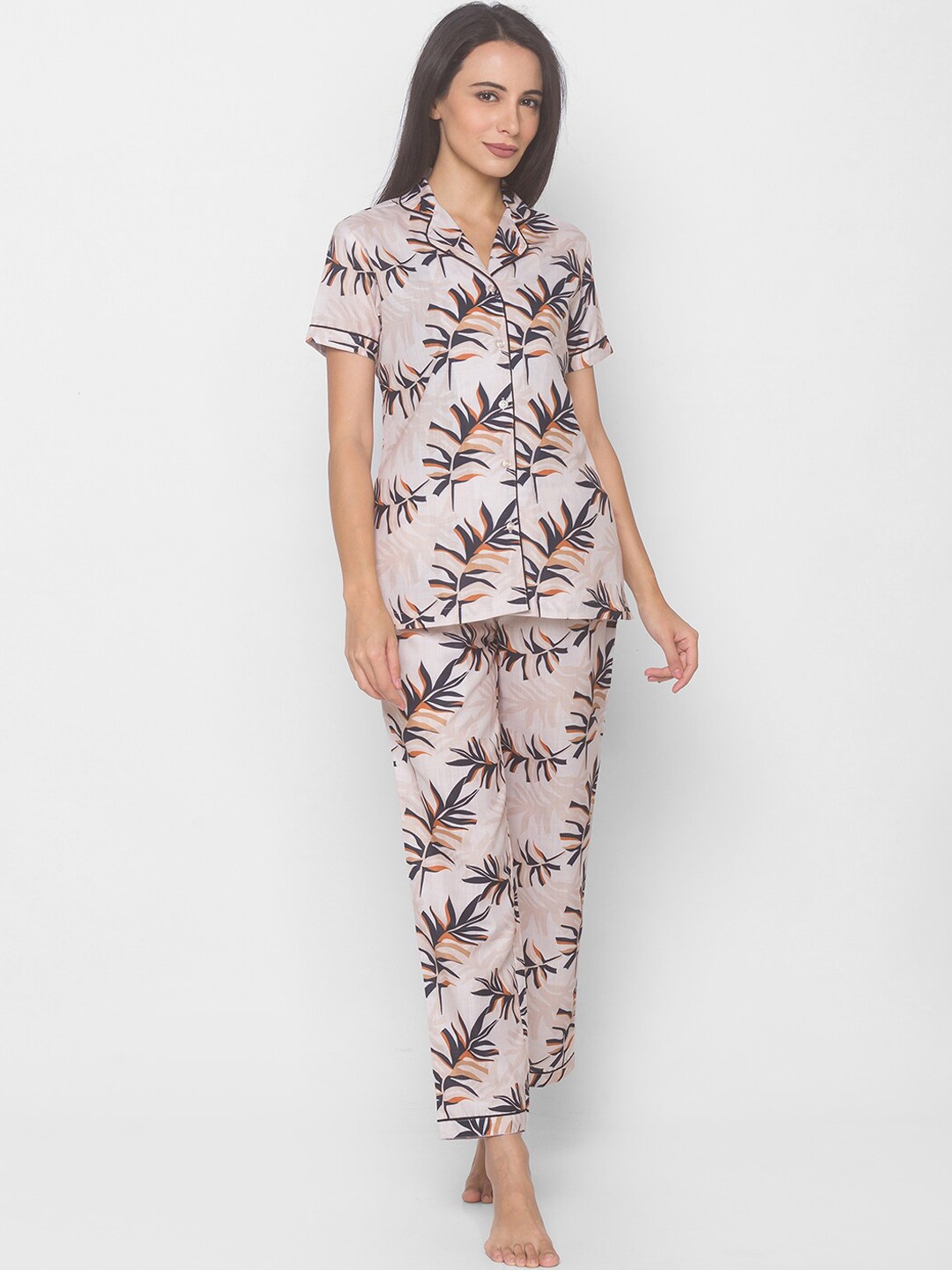 

FashionRack Floral Printed Pure Cotton Night Suit, Beige