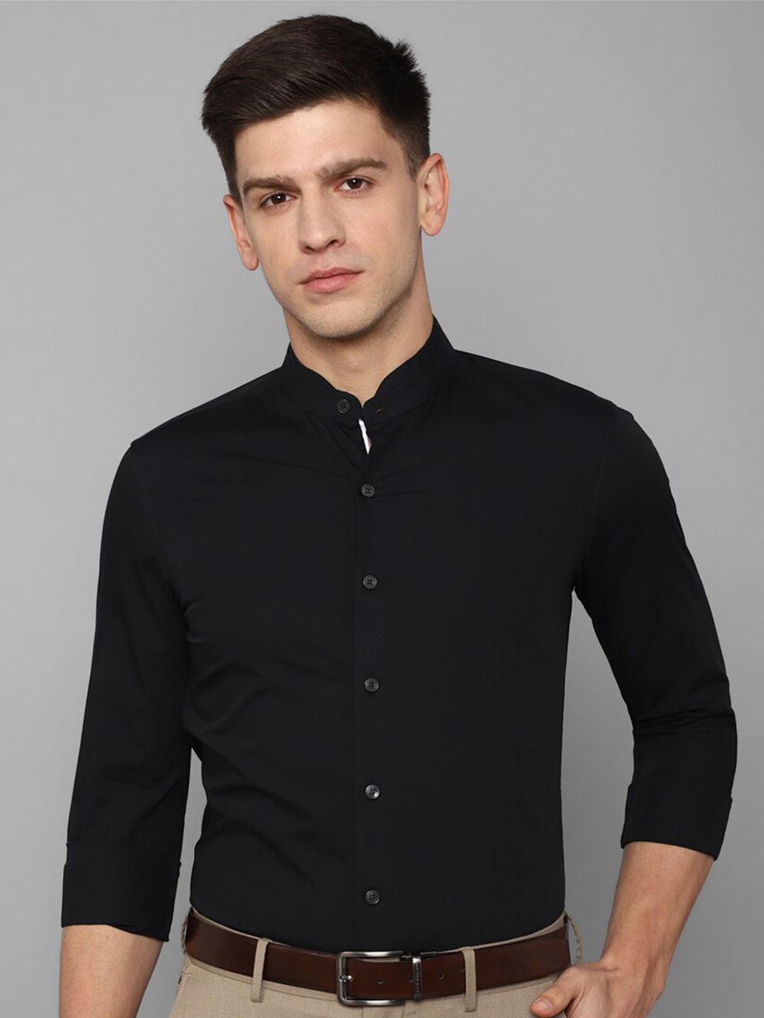 

Louis Philippe Slim Fit Mandarin Collar Cotton Formal Shirt, Black