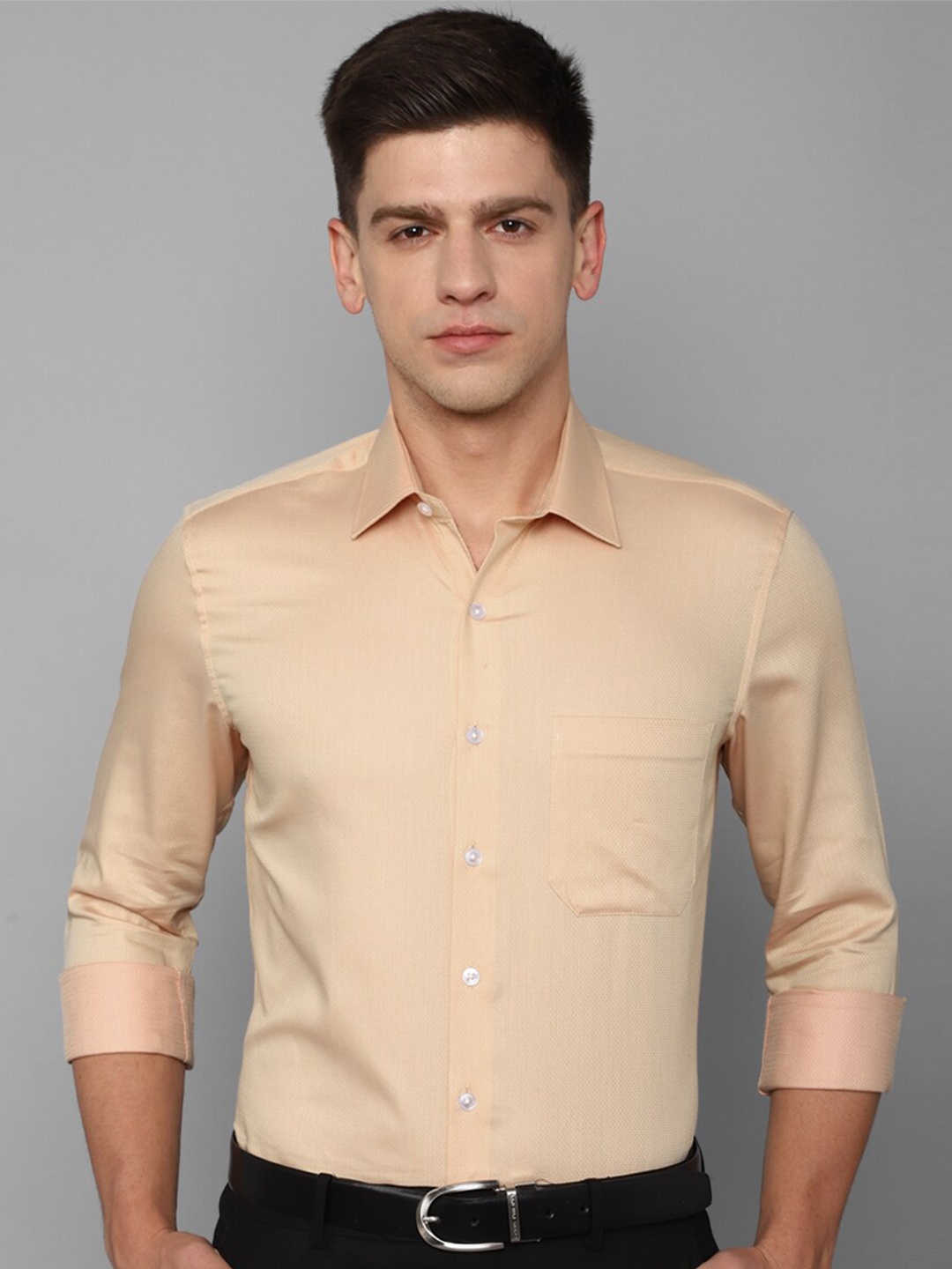

Louis Philippe Self Design Spread Collar Slim Fit Pure Cotton Formal Shirt, Beige