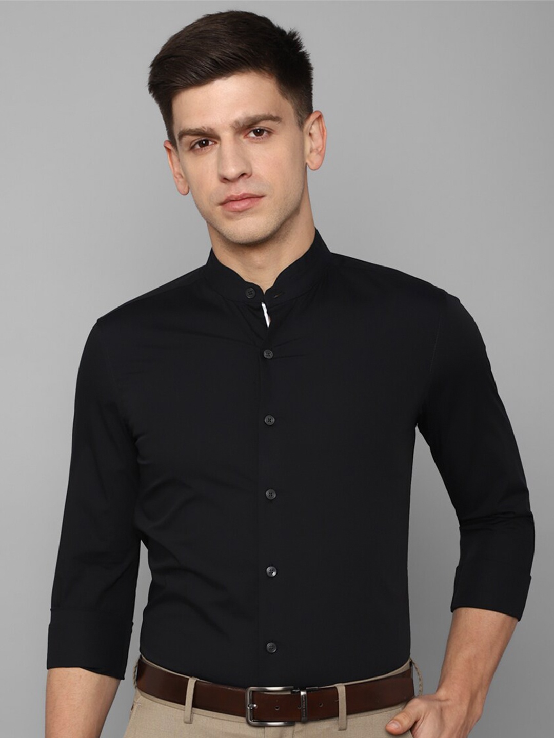 

Louis Philippe Slim Fit Mandarin Collar Cotton Formal Shirt, Black