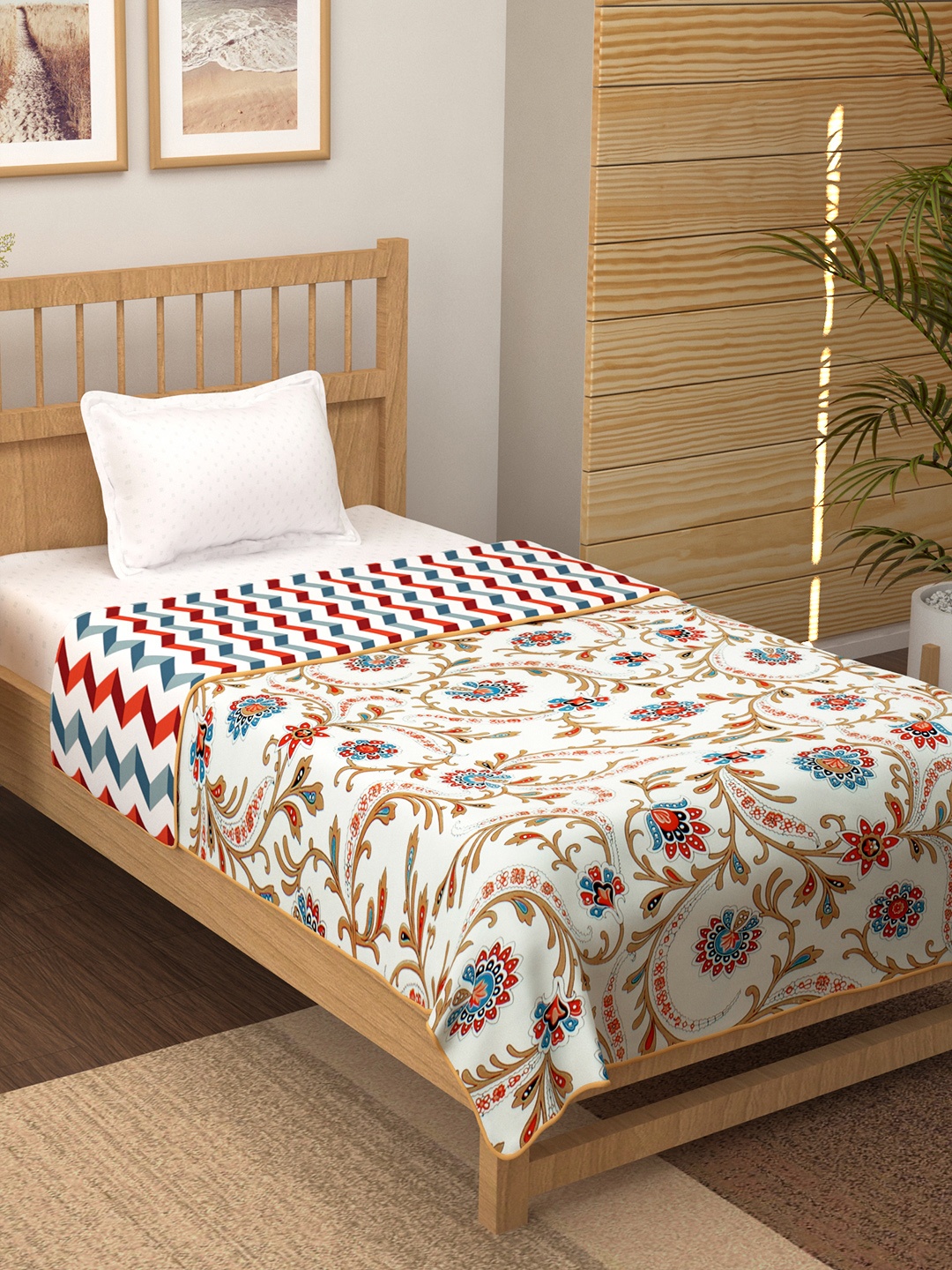 

Story@home White & Red Floral AC Room 150 GSM Cotton Reversible Single Bed Dohar