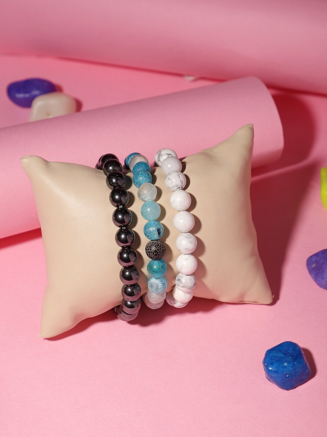 

TAG 7 Set of 3 Natural Stone Agate Bracelet, Black