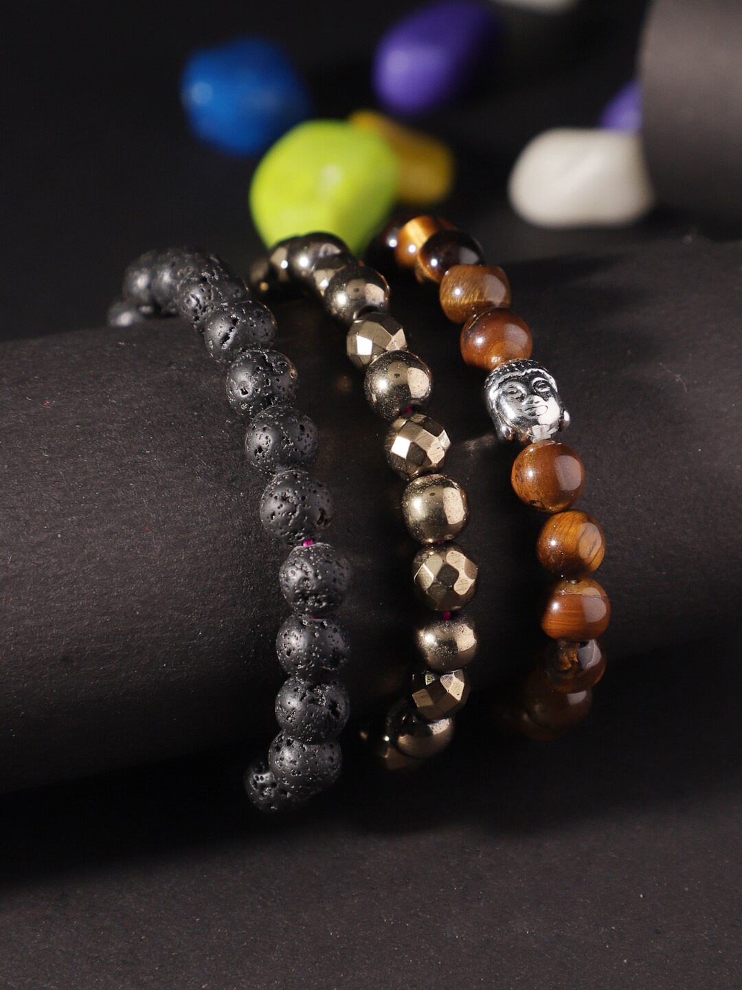 

TAG 7 Set of 3 Natural Stone Tigers Eye Tribal Bracelet, Black