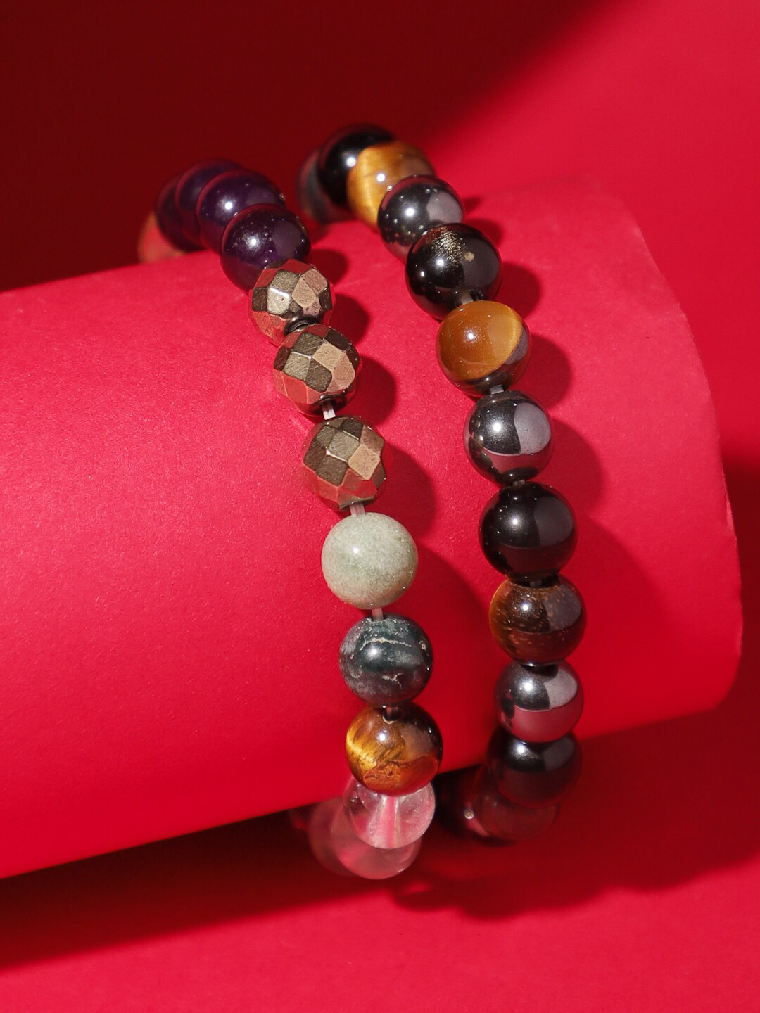 

TAG 7 Set of 2 Natural Stone Tigers Eye Bracelet, Black