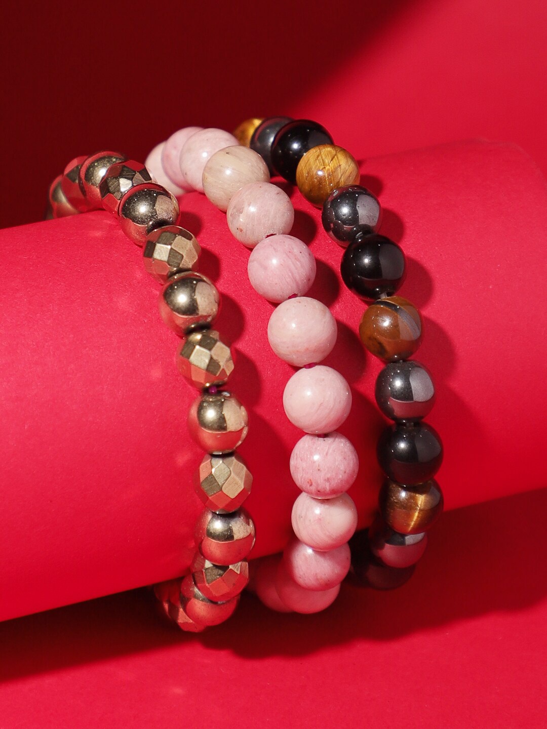 

TAG 7 Set Of 3 Natural Stone Tigers Eye Elasticated Slip-On Bracelet, Black