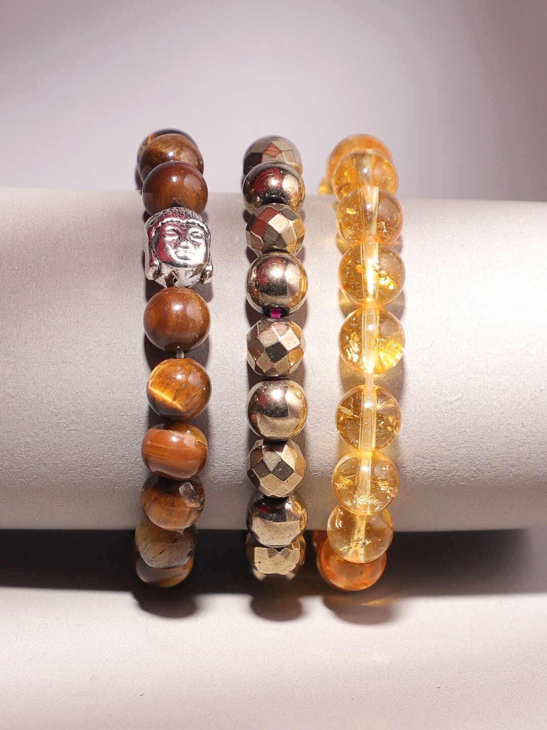 

TAG 7 Set Of 3 Natural Stone Tigers Eye Elasticated Slip-On Bracelet, Brown