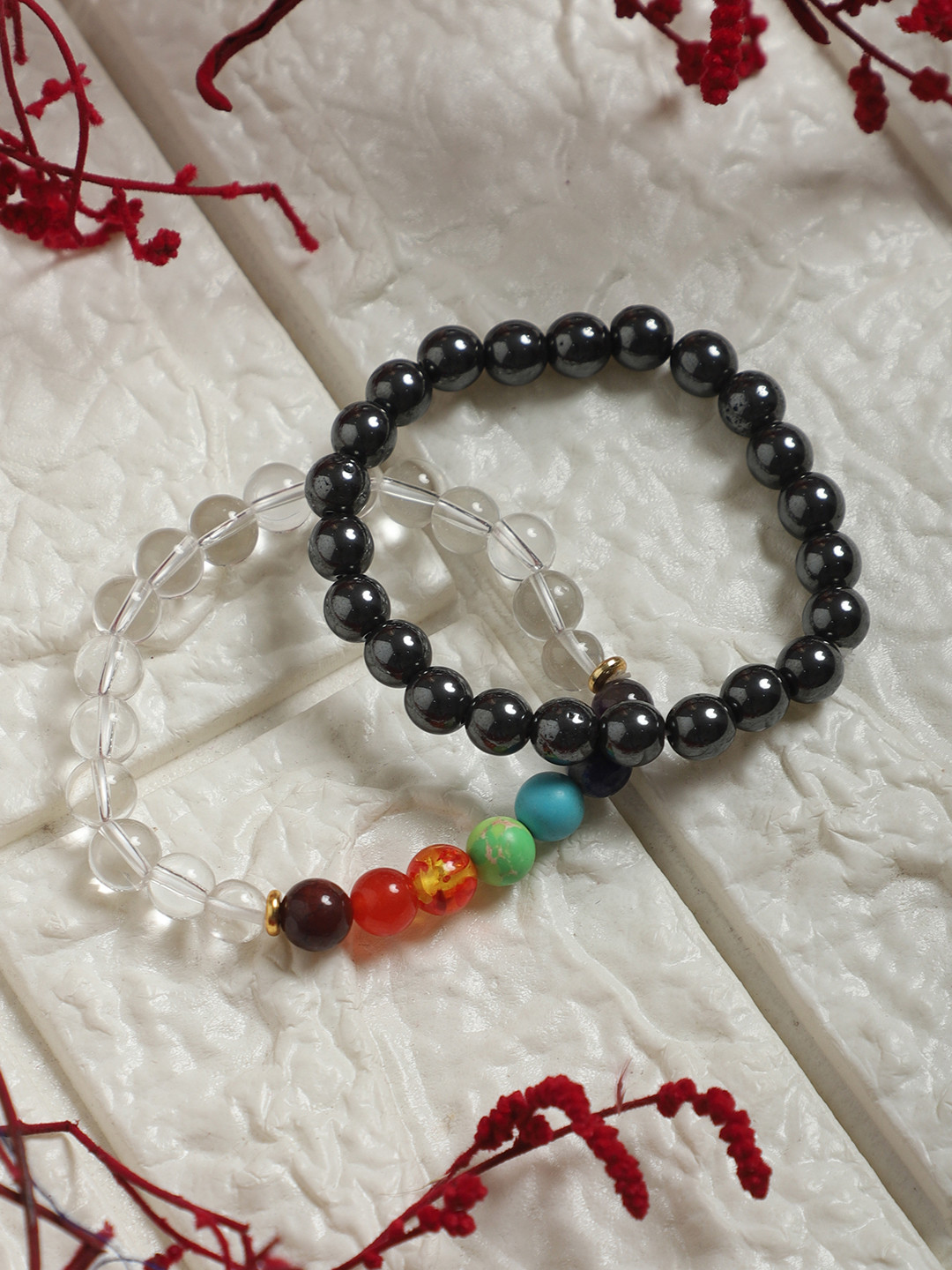 

TAG 7 Set Of 2 Natural Stone Crystals Elasticated Slip-On Bracelet, Black