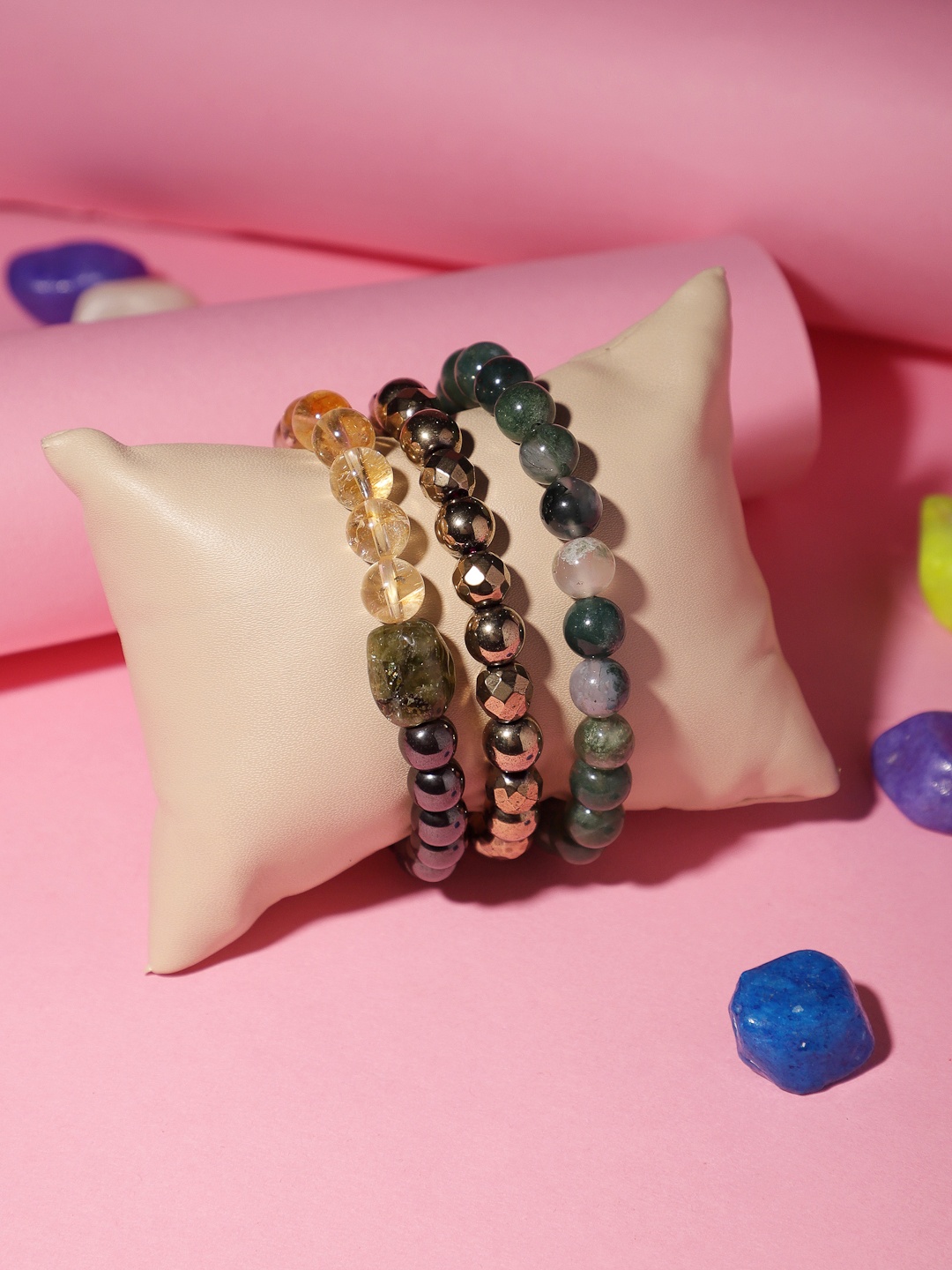 

TAG 7 Set Of 3 Agate Stone Beaded Elasticated Bracelet, Green