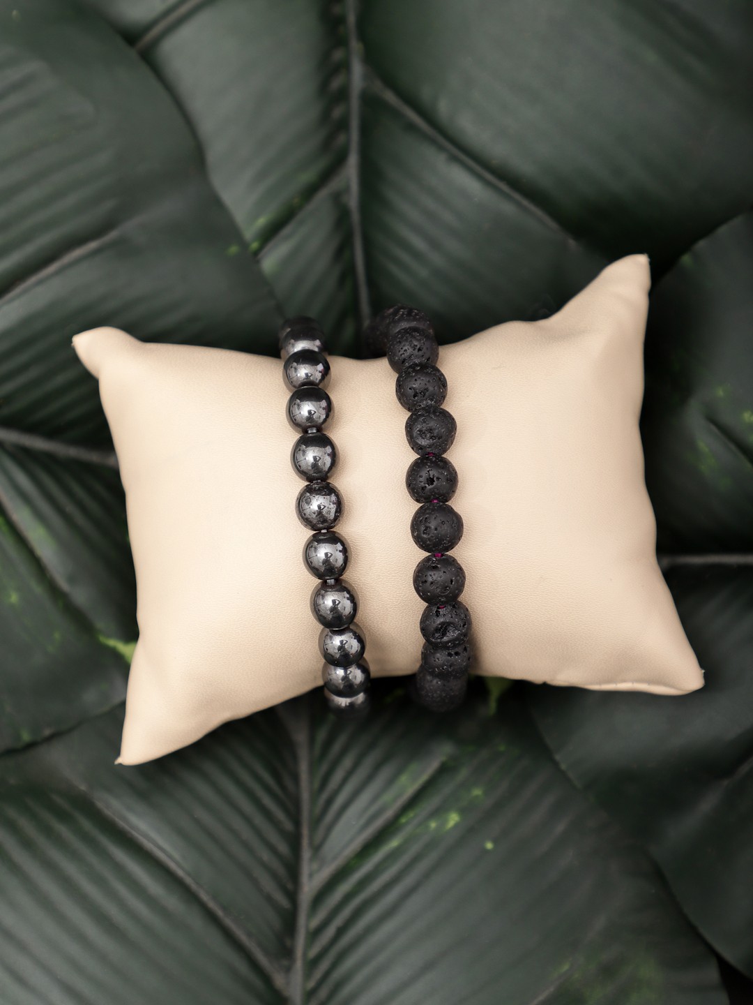 

TAG 7 Set Of 2 Natural Stone Hemetite & Lawa Elasticated Slip-On Bracelet, Black