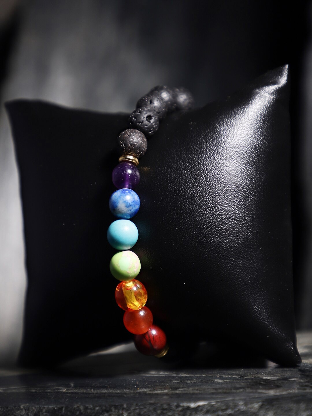 

TAG 7 Natural Stone Lawa Seven Chakra Elasticated Slip-On Bracelet, Black