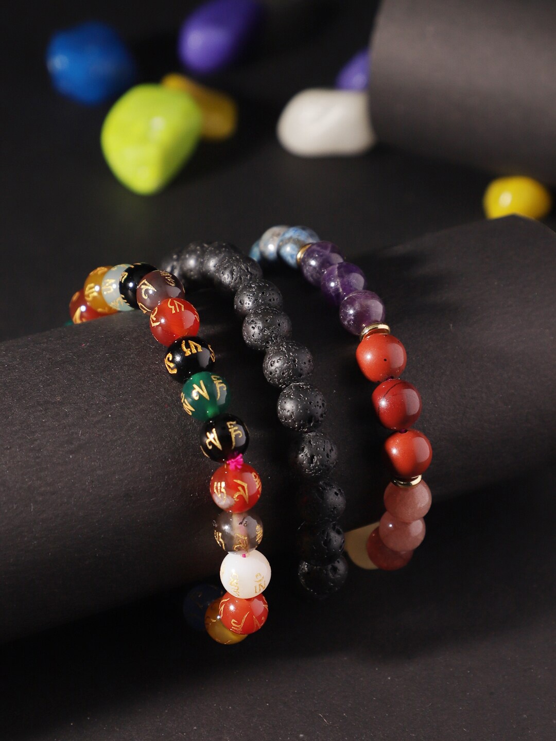 

TAG 7 Set Of 3 Amethyst Beaded Elasticated Bracelet, Black