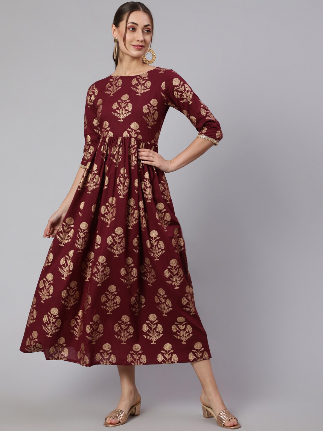 

Nayo Burgundy Ethnic Motifs Print Keyhole Neck Ethnic Maxi Midi Dress